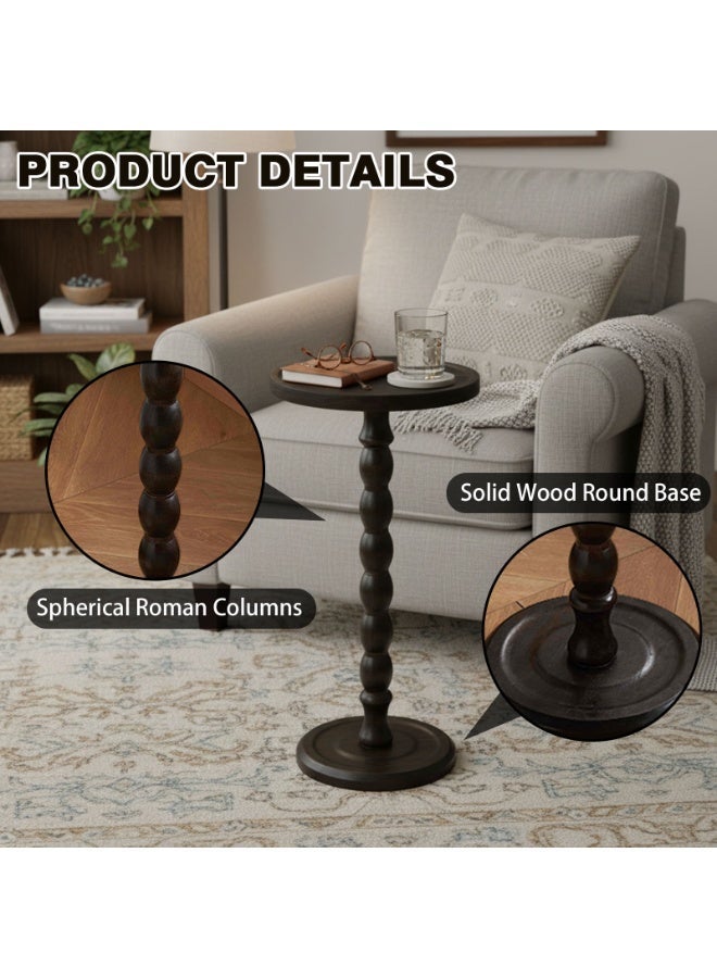 شويوين طاولة جانبية من الخشب الصلب - طاولة جانبية عتيقة الطراز بعمود روماني كروي وسطح دائري، 0.1 متر مربع، طاولة جانبية موفرة للمساحة لغرفة المعيشة أو غرفة النوم أو الشرفة (جوز داكن) 23.62 بوصة - Image 5